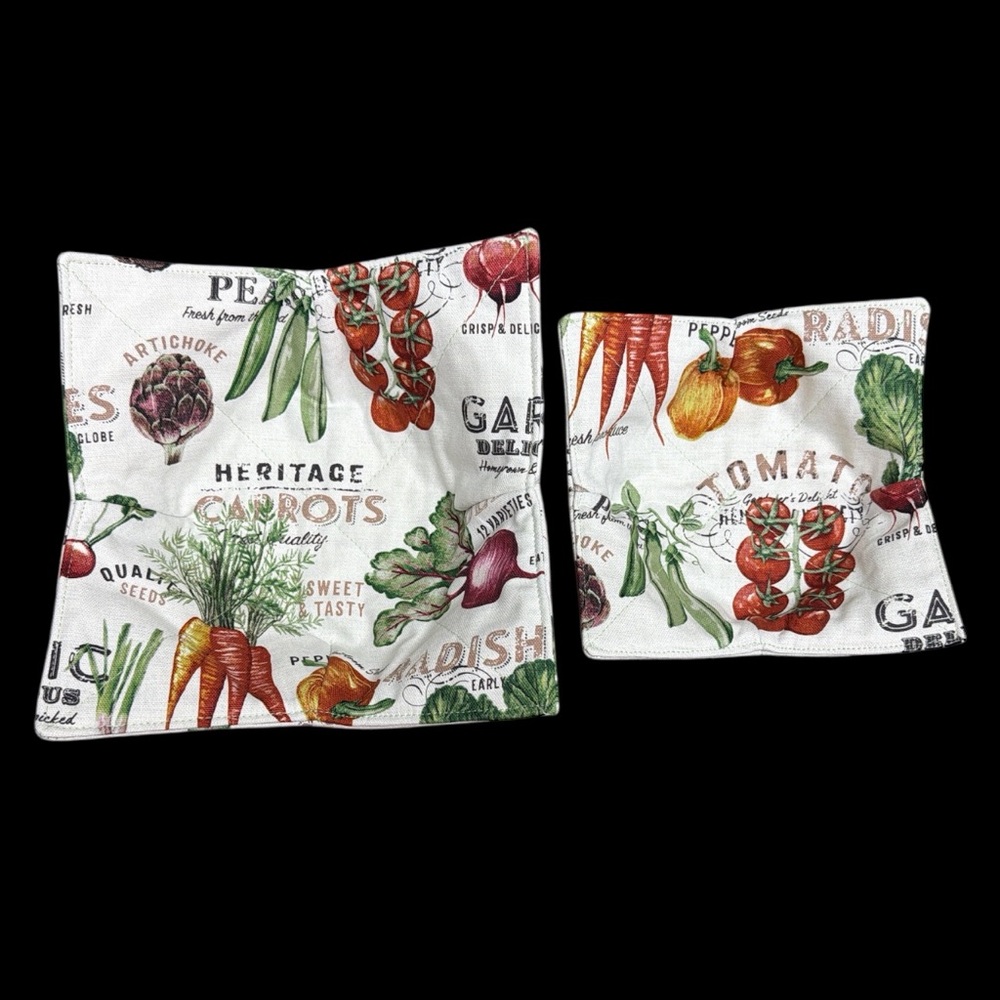 Hand Crafted Bowl Cozy Set of 2 Vegetable Print Cotton Fabric Reversible Padded